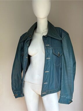 Men's Teal Leather Bomber Jacket - Classic Trucker Style